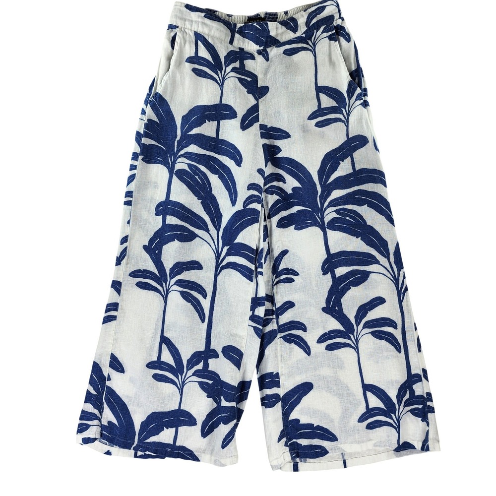 Tahari Wide Leg 100% Linen Pants Women Small White Blue Tropical Palm Leaf Print